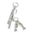 Angelrute Sterling Silber Charm mit 2 kleinen Fischen .925 Charms